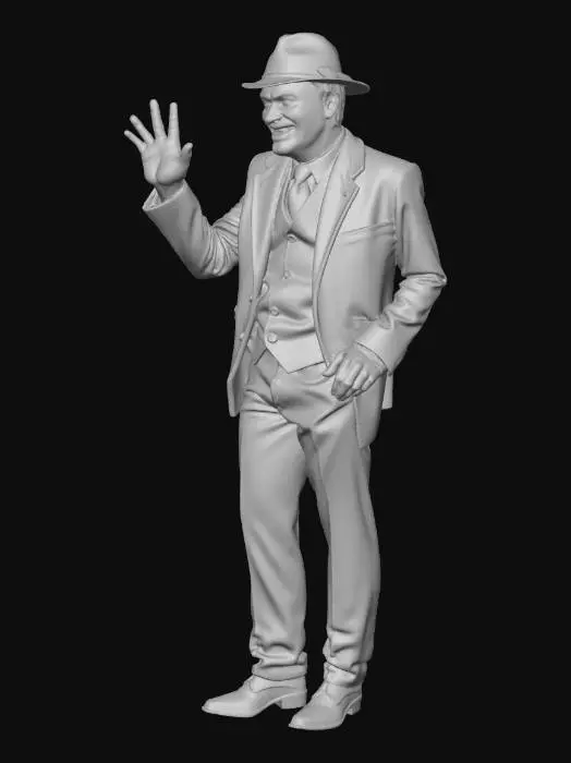 3D model for человек выглядывает из окна, человек машет рукой, мужчина одетый в стиле 30-ых годов, мужчина в шляпе, окно в кирпично стене.