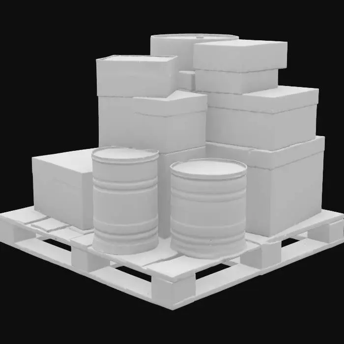 3D model for eine große cargo-palette mit verschiedenen kisten und fässern

