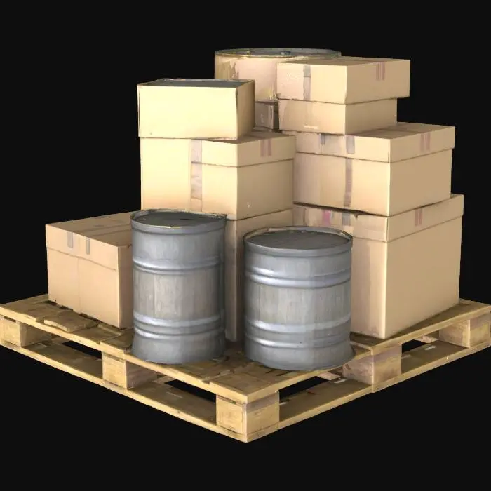 3D model for eine große cargo-palette mit verschiedenen kisten und fässern

