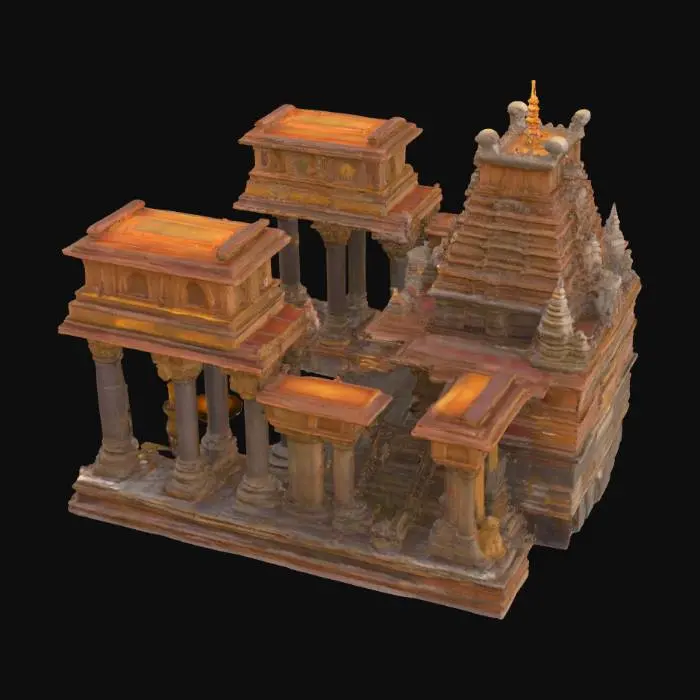 3D model for "Create a detailed 3D scene or individual assets from a South Indian Thanjavur temple setting. Include temple exterior and interior elements:

Stone pillars

Stone steps and ancient stone pathways

Ornamental temple walls with intricate carvings

Large gopuram (main entrance tower)

Traditional entrance arch/gate

Bell towers

Oil lamps and diyas with flickering flame animation

Sculptures and idols of Hindu gods like Ganesh and Shiva

Ritual pooja thali (plate with offerings like flowers, lamp, and incense)

Ancient scrolls or palm-leaf manuscripts

Ritual drums and traditional Indian instruments

Incense stands with subtle smoke particles

Stylized in realistic, slightly aged stone and brass materials. Suitable for use in a real-time 3D game engine like Unity. Medium-poly, game-ready."