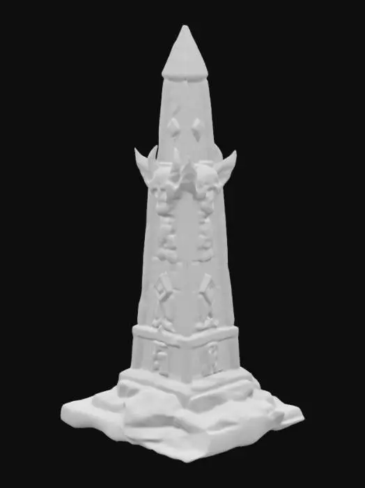 3D model for obelisk-like stone structure with intricate carvings and a human head figure at the top wearing a horned headpiece. Design ornate carvings along the sides featuring geometric and symbolic patterns. Integrate glowing blue accents, including a circular element on the front and a vertical green light extending downwards. Use weathered stone textures with realistic lighting to emphasize depth. Place the structure on a rocky base, capturing a monumental and make it steampunk
