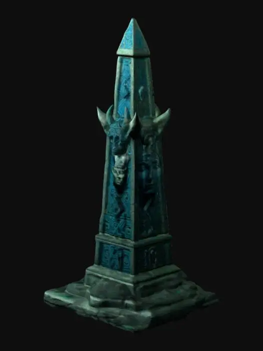 3D model for obelisk-like stone structure with intricate carvings and a human head figure at the top wearing a horned headpiece. Design ornate carvings along the sides featuring geometric and symbolic patterns. Integrate glowing blue accents, including a circular element on the front and a vertical green light extending downwards. Use weathered stone textures with realistic lighting to emphasize depth. Place the structure on a rocky base, capturing a monumental and make it steampunk
