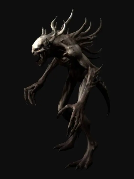 3D model for wendigo, feral, beast in attack, dynamic, sinewy and skinny, emaciated, fierce, aggressive.