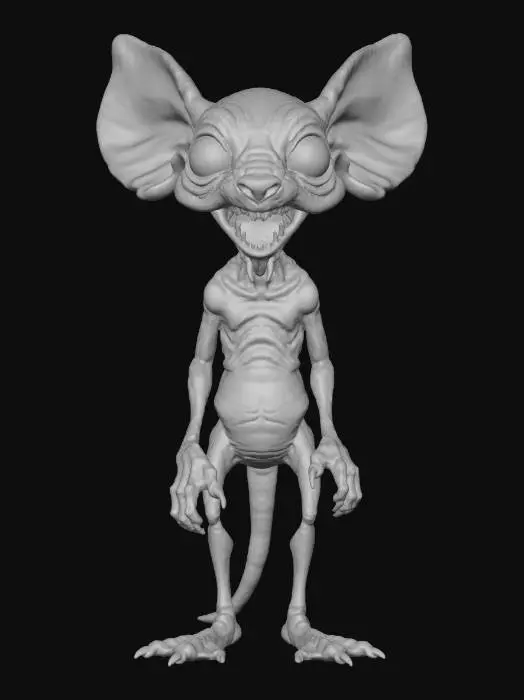 3D model for <prompt_3d_asset>
  <tipo>Personaje 3D Monstruoso</tipo>
  <aspecto>Grotesco, triste, realismo oscuro.</aspecto>
  <cuerpo>ratón lampiño (tamaño perro). Piel pálida/húmeda. Postura encorvada.</cuerpo>
  <cabeza>Rostro humanoide deforme.</cabeza>
  <ojos>Enormes, protuberantes, traumáticos, muy tristes. Pupilas dilatadas, iris oscuro. Lagrimales rojos.</ojos>
  <boca>Fina, torcida. Dientes humanos irregulares/rotos.</boca>
  <nariz_orejas>Nariz vestigial roedora. Orejas de ratón.</nariz_orejas>
  <extremidades>Patas que terminan en manos humanas (dedos largos, uñas sucias). Apoyo en palmas.</extremidades>
  <cola>Larga, delgada, sin pelo, de ratón</cola>
  <emocion>Desolación, vulnerabilidad.</emocion>
  <tecnica>Alta poli, topología limpia, UVs, PBR 4K.</tecnica>
</prompt_3d_asset>"Helper"