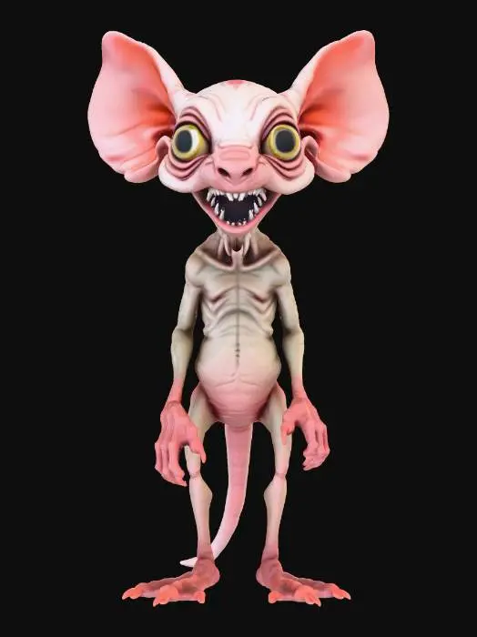 3D model for <prompt_3d_asset>
  <tipo>Personaje 3D Monstruoso</tipo>
  <aspecto>Grotesco, triste, realismo oscuro.</aspecto>
  <cuerpo>ratón lampiño (tamaño perro). Piel pálida/húmeda. Postura encorvada.</cuerpo>
  <cabeza>Rostro humanoide deforme.</cabeza>
  <ojos>Enormes, protuberantes, traumáticos, muy tristes. Pupilas dilatadas, iris oscuro. Lagrimales rojos.</ojos>
  <boca>Fina, torcida. Dientes humanos irregulares/rotos.</boca>
  <nariz_orejas>Nariz vestigial roedora. Orejas de ratón.</nariz_orejas>
  <extremidades>Patas que terminan en manos humanas (dedos largos, uñas sucias). Apoyo en palmas.</extremidades>
  <cola>Larga, delgada, sin pelo, de ratón</cola>
  <emocion>Desolación, vulnerabilidad.</emocion>
  <tecnica>Alta poli, topología limpia, UVs, PBR 4K.</tecnica>
</prompt_3d_asset>"Helper"