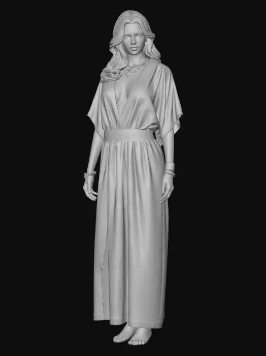 3D model for Cream Embellished Maxi Dress with Gold Belt