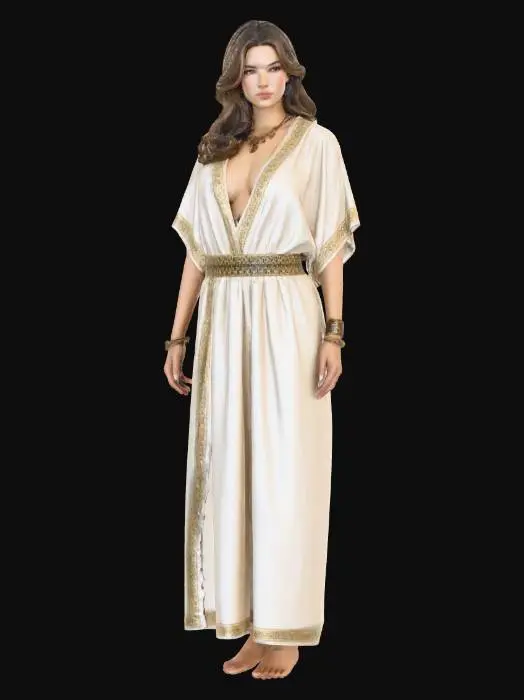 3D model for Cream Embellished Maxi Dress with Gold Belt