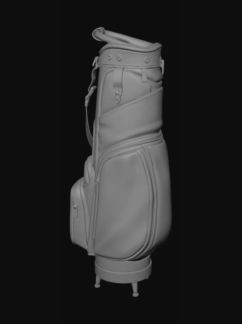 3D model for Premium leather golf stand bag, dark forest green body with subtle pebble-leather texture,
  tall slender cylindrical silhouette, brass-trimmed top opening with a 14-way club divider
  grid clearly visible, two splayed black metal stand legs at the rear with rubber foot pads,
  large stitched front pocket panel, smaller side accessory pocket, padded carry strap
  running diagonally on the back, professional tour-bag construction, no text or logos on
  the bag, photorealistic studio product shot, neutral lighting, isolated on transparent
  background, high detail