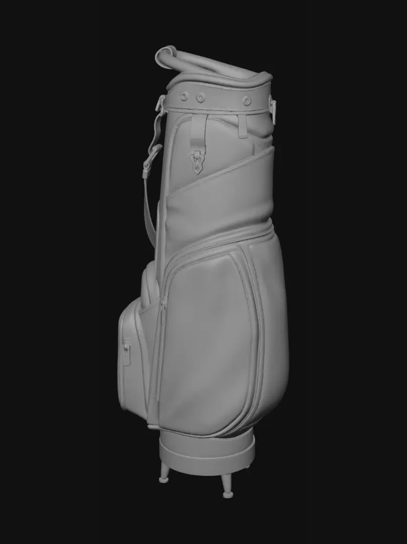 3D model for Premium leather golf stand bag, dark forest green body with subtle pebble-leather texture,
  tall slender cylindrical silhouette, brass-trimmed top opening with a 14-way club divider
  grid clearly visible, two splayed black metal stand legs at the rear with rubber foot pads,
  large stitched front pocket panel, smaller side accessory pocket, padded carry strap
  running diagonally on the back, professional tour-bag construction, no text or logos on
  the bag, photorealistic studio product shot, neutral lighting, isolated on transparent
  background, high detail