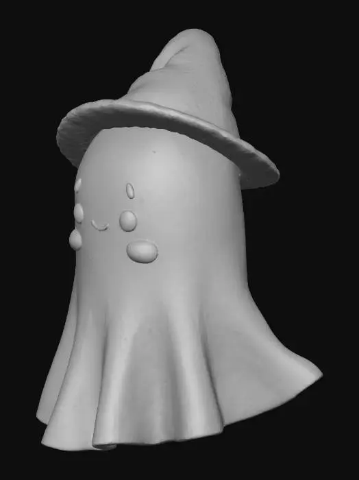 3D model for A cute 3D clay model character, perfectly embodying the Halloween theme. Imagine a friendly ghost with rosy cheeks and a tiny witch's hat, or a plump pumpkin with a whimsical, slightly mischievous smile. The style should be reminiscent of stop-motion animation, with visible clay textures, soft rounded edges, and a warm, inviting feel. Think pastel Halloween colors with subtle glitter accents. The character should evoke a sense of innocent fun and gentle spookiness, not fright. The lighting should be soft and diffused, highlighting the character's charming features.