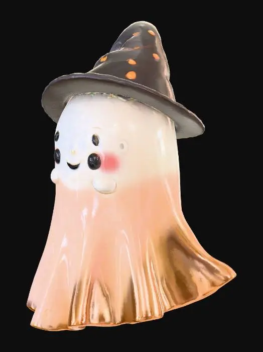 3D model for A cute 3D clay model character, perfectly embodying the Halloween theme. Imagine a friendly ghost with rosy cheeks and a tiny witch's hat, or a plump pumpkin with a whimsical, slightly mischievous smile. The style should be reminiscent of stop-motion animation, with visible clay textures, soft rounded edges, and a warm, inviting feel. Think pastel Halloween colors with subtle glitter accents. The character should evoke a sense of innocent fun and gentle spookiness, not fright. The lighting should be soft and diffused, highlighting the character's charming features.