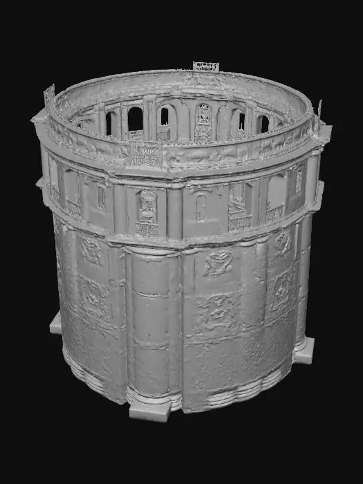 3D model for A majestic 3D coliseum arena, rendered with intricate detail. The sand-covered battleground is scarred with the marks of countless clashes, surrounded by towering, weathered stone arches and pillars that show signs of ancient grandeur. Sunlight streams in from above, casting dramatic shadows and highlighting the intricate carvings on the spectators' stands. The overall atmosphere is one of epic historical conflict, ready for the next gladiator battle