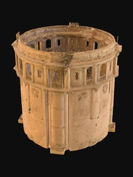 3D model for A majestic 3D coliseum arena, rendered with intricate detail. The sand-covered battleground is scarred with the marks of countless clashes, surrounded by towering, weathered stone arches and pillars that show signs of ancient grandeur. Sunlight streams in from above, casting dramatic shadows and highlighting the intricate carvings on the spectators' stands. The overall atmosphere is one of epic historical conflict, ready for the next gladiator battle