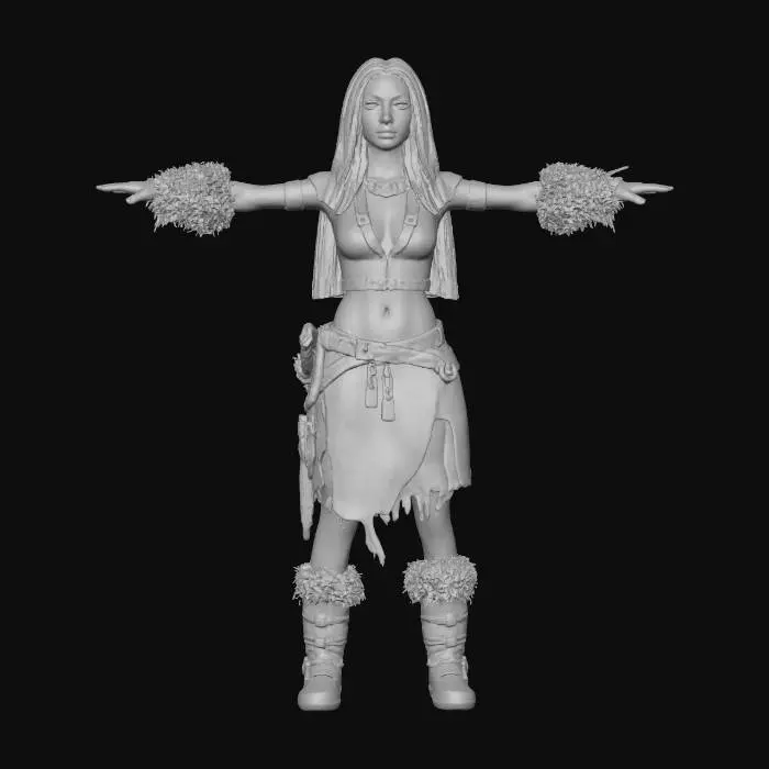3D model for A female hunter, she possesses long brown hair. She wears a sleeveless brown leather top, adorned with fur trim around the edges, revealing her waist. She also sports a dark, tattered skirt made of animal hide, adorned with fur, with a belt at her waist hanging various pouches and tools. Her legs are encased in rugged knee-high leather boots, adorned with fur trim, and her forearms are equipped with thick protective bracers. in t- pose, T-pose .