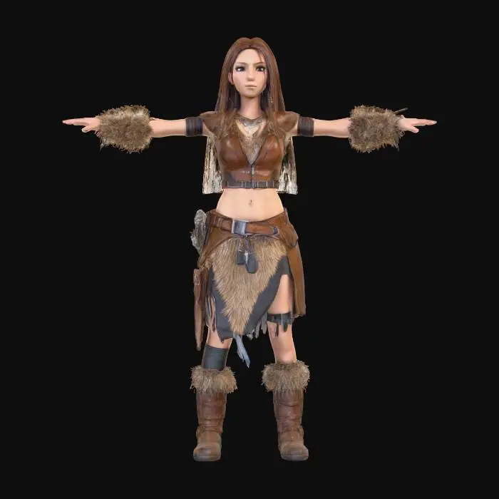 3D model for A female hunter, she possesses long brown hair. She wears a sleeveless brown leather top, adorned with fur trim around the edges, revealing her waist. She also sports a dark, tattered skirt made of animal hide, adorned with fur, with a belt at her waist hanging various pouches and tools. Her legs are encased in rugged knee-high leather boots, adorned with fur trim, and her forearms are equipped with thick protective bracers. in t- pose, T-pose .