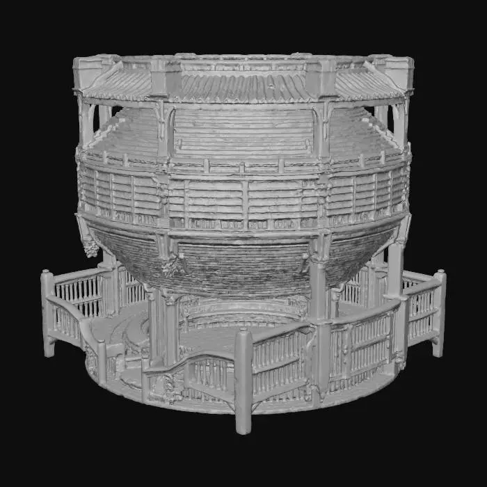 3D model for A highly realistic 3D render of a medieval-era wooden arena, akin to a coliseum, designed with AAA game quality in mind. The central combat area is a meticulously textured, worn dirt surface, showing subtle indentations and footprints. Surrounding it are grand tiers of robust, dark-stained wooden seating and structures, showcasing detailed wood grain, natural imperfections, and realistic wear from age and use. Sunlight realistically illuminates the arena, casting sharp shadows and highlighting the volumetric dust in the air. The architectural style should be historically accurate, conveying the impressive scale and ruggedness of a real-world medieval tournament ground.