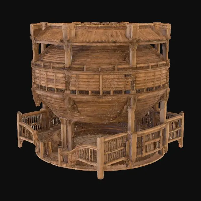 3D model for A highly realistic 3D render of a medieval-era wooden arena, akin to a coliseum, designed with AAA game quality in mind. The central combat area is a meticulously textured, worn dirt surface, showing subtle indentations and footprints. Surrounding it are grand tiers of robust, dark-stained wooden seating and structures, showcasing detailed wood grain, natural imperfections, and realistic wear from age and use. Sunlight realistically illuminates the arena, casting sharp shadows and highlighting the volumetric dust in the air. The architectural style should be historically accurate, conveying the impressive scale and ruggedness of a real-world medieval tournament ground.
