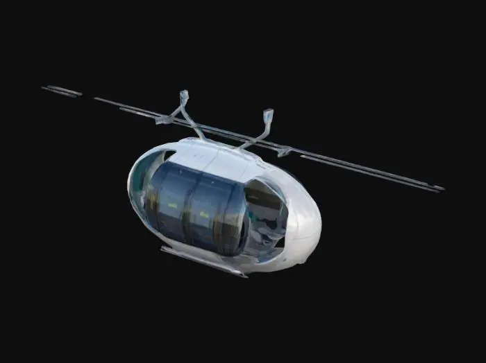 3D model for A futuristic egg-shaped pod for public transit. The pod is intended to ride along rails suspended above and below it.