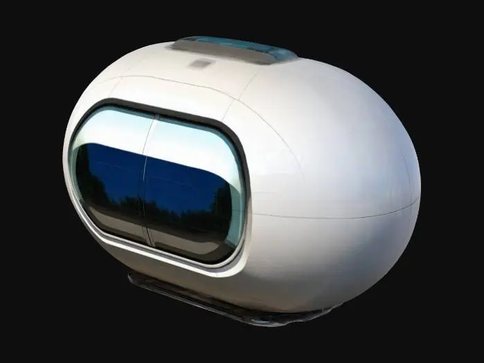 3D model for A futuristic, vertical egg-shaped pod for public transit. The pod is intended to ride along rails suspended above and below it.