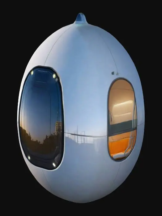 3D model for A futuristic, vertical egg-shaped pod for public transit. The pod is intended to ride along rails suspended above and below it.