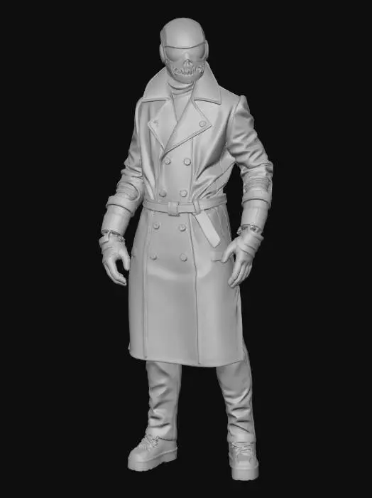 3D model for A Cyberpunk Hacker wearing a dark metallic mask etched with countless micro-lines of code. Her outfit is a leather trench coat lined with highly reflective chrome fibers. Parts of her body are replaced by mechanical prosthetics with brushed metal and purple polymer armor. Requirement: Futuristic, emphasize the material contrast between metallic prosthetics and leather, and the layered structure of the outfit.