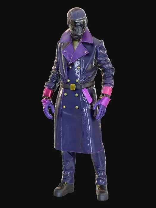 3D model for A Cyberpunk Hacker wearing a dark metallic mask etched with countless micro-lines of code. Her outfit is a leather trench coat lined with highly reflective chrome fibers. Parts of her body are replaced by mechanical prosthetics with brushed metal and purple polymer armor. Requirement: Futuristic, emphasize the material contrast between metallic prosthetics and leather, and the layered structure of the outfit.