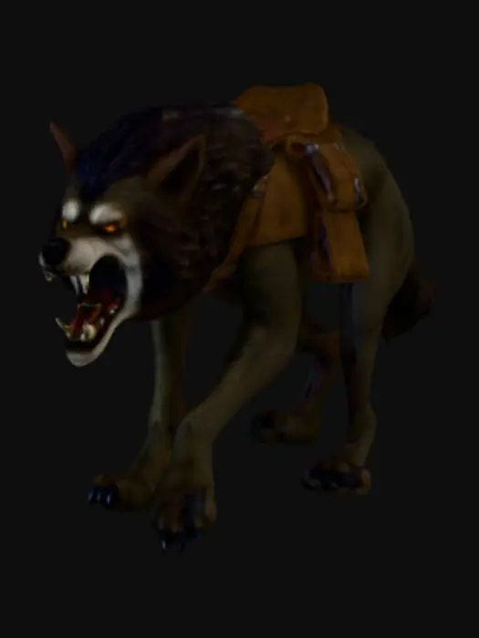 3D model for dire wolf, big teeth, spiky fur, angry, full body, saddle, pouches and bags attached to saddle, detailed model, realistic model,