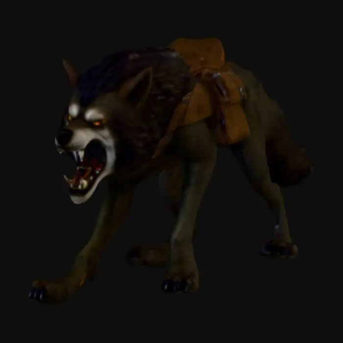 3D model for dire wolf, big teeth, spiky fur, angry, full body, saddle, pouches and bags attached to saddle, detailed model, realistic model,