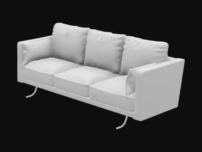 3D model for 设计一款现代简约风格的三人座沙发。整体采用温暖的中性色调，如米白色或浅灰色的优质绒布面料，搭配精致的深色木质扶手和金属细腿，