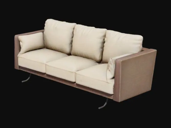 3D model for 设计一款现代简约风格的三人座沙发。整体采用温暖的中性色调，如米白色或浅灰色的优质绒布面料，搭配精致的深色木质扶手和金属细腿，