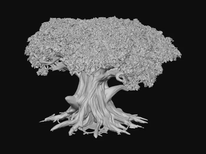 3D model for semi-realistic fantasy style, hand-painted PBR textures, slightly stylized proportions, warm earthy tones, game-ready asset, mid poly. Ancient oak tree, thick gnarled trunk with exposed roots, lush green canopy with golden leaf accents