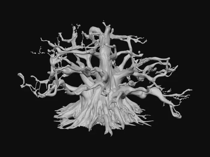 3D model for semi-realistic fantasy style, hand-painted PBR textures, slightly stylized proportions, warm earthy tones, game-ready asset, mid poly. Ancient oak tree, thick gnarled trunk with exposed roots, lush green canopy with golden leaf accents