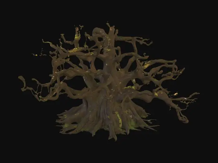 3D model for semi-realistic fantasy style, hand-painted PBR textures, slightly stylized proportions, warm earthy tones, game-ready asset, mid poly. Ancient oak tree, thick gnarled trunk with exposed roots, lush green canopy with golden leaf accents