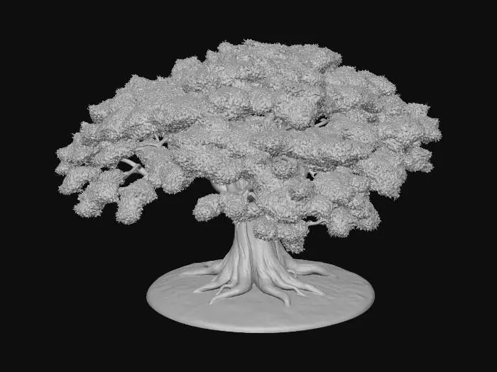 3D model for semi-realistic fantasy style, hand-painted PBR textures, slightly stylized proportions, warm earthy tones, game-ready asset, mid poly. Broad spreading oak tree, wide horizontal canopy providing deep shade, sun-dappled leaves, thick trunk with smooth bark, wildflowers growing at base, open meadow setting