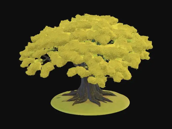 3D model for semi-realistic fantasy style, hand-painted PBR textures, slightly stylized proportions, warm earthy tones, game-ready asset, mid poly. Broad spreading oak tree, wide horizontal canopy providing deep shade, sun-dappled leaves, thick trunk with smooth bark, wildflowers growing at base, open meadow setting
