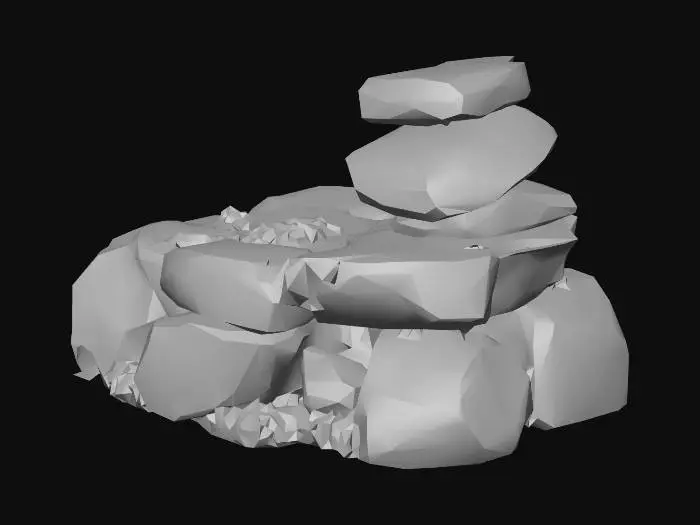 3D model for semi-realistic fantasy style, hand-painted PBR textures, slightly stylized proportions, warm earthy tones, game-ready asset, mid poly. Stacked field stones, three weathered grey rocks balanced naturally on top of each other, farmer clearing remnant, grass growing between gaps, meadow landmark