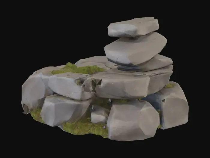 3D model for semi-realistic fantasy style, hand-painted PBR textures, slightly stylized proportions, warm earthy tones, game-ready asset, mid poly. Stacked field stones, three weathered grey rocks balanced naturally on top of each other, farmer clearing remnant, grass growing between gaps, meadow landmark