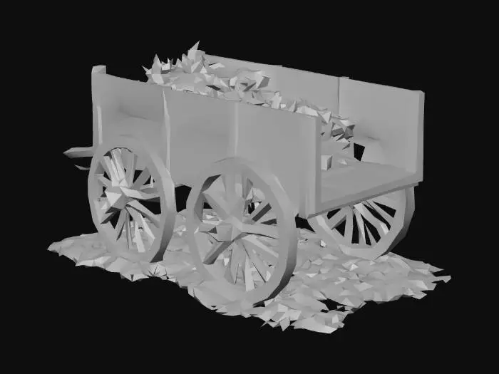 3D model for semi-realistic fantasy style, hand-painted PBR textures, slightly stylized proportions, warm earthy tones, game-ready asset, mid poly. Wooden farm cart, two large spoked wheels, open flatbed with loose hay remnants, pulling yoke resting on ground, parked in grass beside trail