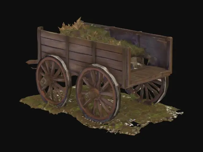 3D model for semi-realistic fantasy style, hand-painted PBR textures, slightly stylized proportions, warm earthy tones, game-ready asset, mid poly. Wooden farm cart, two large spoked wheels, open flatbed with loose hay remnants, pulling yoke resting on ground, parked in grass beside trail