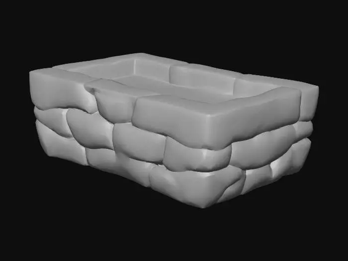 3D model for semi-realistic fantasy style, hand-painted PBR textures, slightly stylized proportions, warm earthy tones, game-ready asset, mid poly. Stone drinking trough, long rectangular basin carved from single stone block, water filled with slight ripple, set beside path for horses, village utility piece