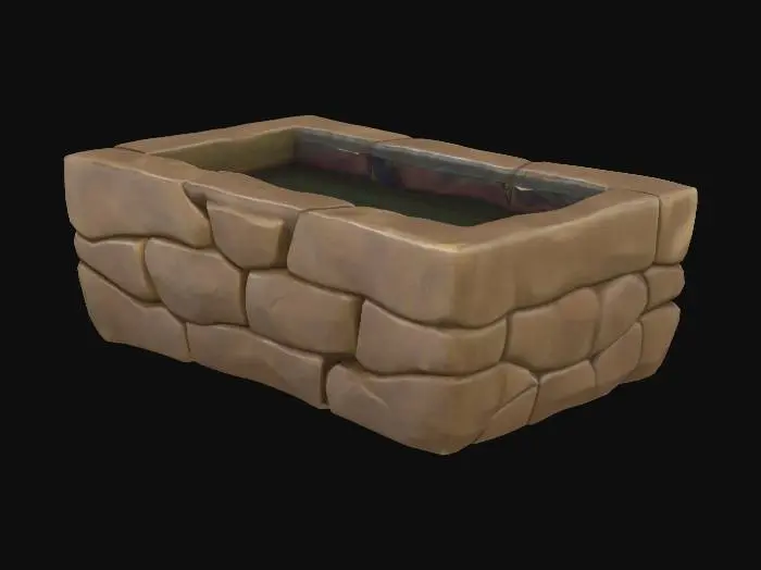 3D model for semi-realistic fantasy style, hand-painted PBR textures, slightly stylized proportions, warm earthy tones, game-ready asset, mid poly. Stone drinking trough, long rectangular basin carved from single stone block, water filled with slight ripple, set beside path for horses, village utility piece