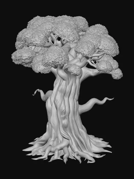 3D model for semi-realistic fantasy style, hand-painted PBR textures, slightly stylized proportions, warm earthy tones, game-ready asset, mid poly. Ancient oak tree, thick gnarled trunk with exposed roots, lush green canopy with golden leaf accents