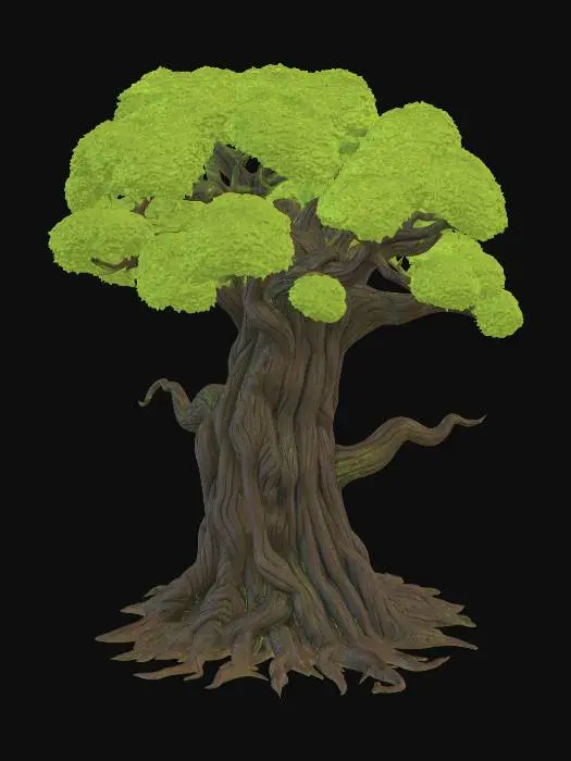 3D model for semi-realistic fantasy style, hand-painted PBR textures, slightly stylized proportions, warm earthy tones, game-ready asset, mid poly. Ancient oak tree, thick gnarled trunk with exposed roots, lush green canopy with golden leaf accents