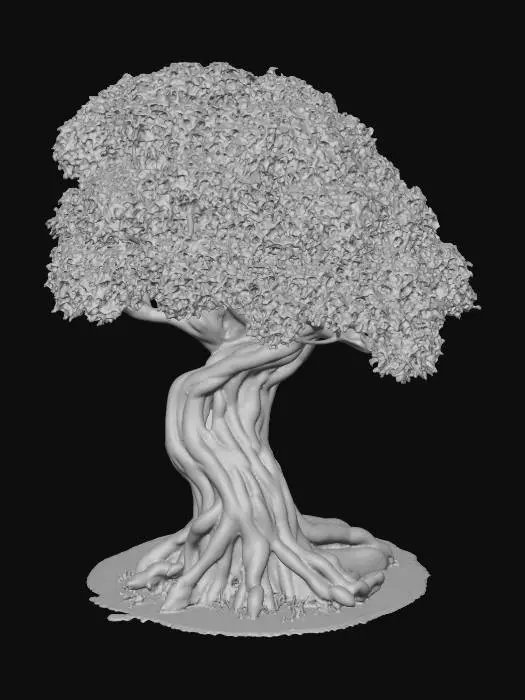 3D model for semi-realistic fantasy style, hand-painted PBR textures, slightly stylized proportions, warm earthy tones, game-ready asset, mid poly. Ancient oak tree, thick gnarled trunk with exposed roots, lush green canopy with golden leaf accents