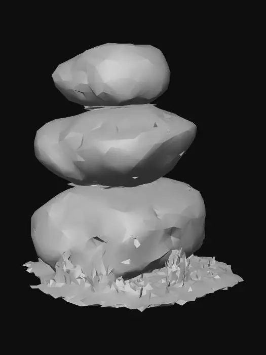 3D model for semi-realistic fantasy style, hand-painted PBR textures, slightly stylized proportions, warm earthy tones, game-ready asset, mid poly. Stacked field stones, three weathered grey rocks balanced naturally on top of each other, farmer clearing remnant, grass growing between gaps, meadow landmark
