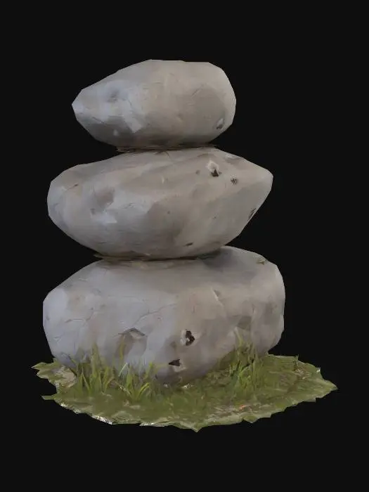 3D model for semi-realistic fantasy style, hand-painted PBR textures, slightly stylized proportions, warm earthy tones, game-ready asset, mid poly. Stacked field stones, three weathered grey rocks balanced naturally on top of each other, farmer clearing remnant, grass growing between gaps, meadow landmark