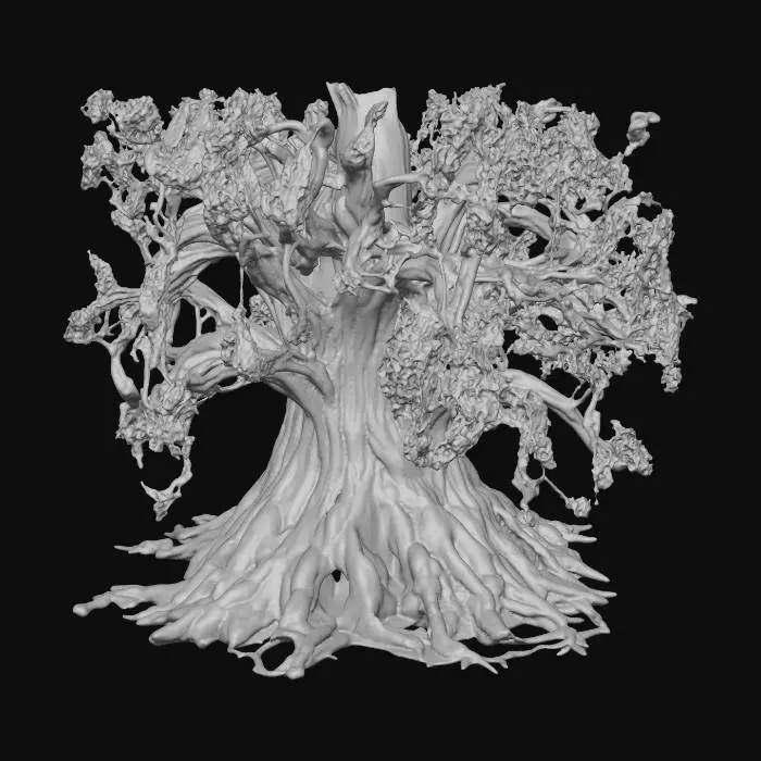 3D model for semi-realistic fantasy style, hand-painted PBR textures, slightly stylized proportions, warm earthy tones, game-ready asset, mid poly. Ancient oak tree, thick gnarled trunk with exposed roots, lush green canopy with golden leaf accents