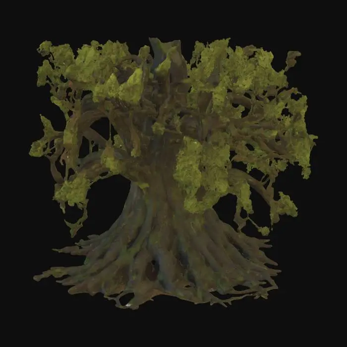 3D model for semi-realistic fantasy style, hand-painted PBR textures, slightly stylized proportions, warm earthy tones, game-ready asset, mid poly. Ancient oak tree, thick gnarled trunk with exposed roots, lush green canopy with golden leaf accents