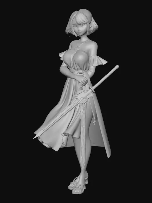 3D model for üzerinde beyaz bir elbise olan sarı kısa küt saçlı 19 yaşında genç bir kadın modeli oluştur. elinde bir kılıç olsun.