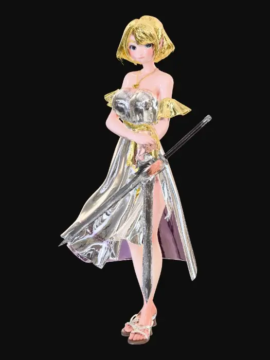 3D model for üzerinde beyaz bir elbise olan sarı kısa küt saçlı 19 yaşında genç bir kadın modeli oluştur. elinde bir kılıç olsun.